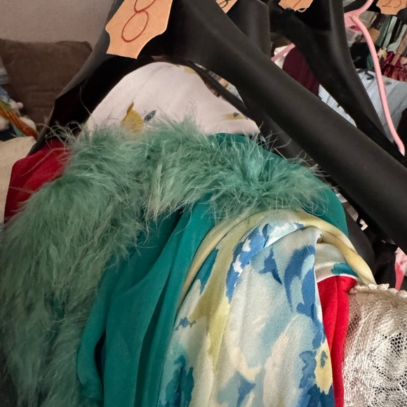 Teal Sheer Script Print Top with Feather Trim size med to large vintage - Picture 3 of 5